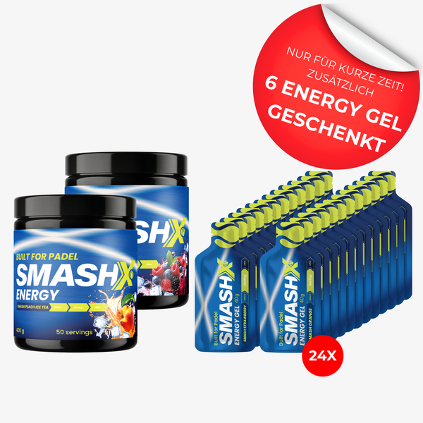 Bundle aus zwei Dosen Energy Hydration Drink mit 24 Gels und 6 Gratis-Gels