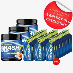 Bundle aus drei Dosen Energy Hydration Drink mit 36 Gels und 12 Gratis-Gels