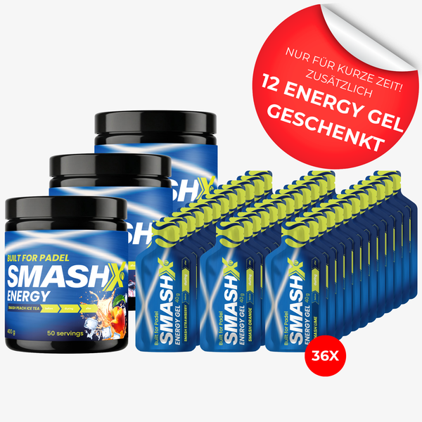 Bundle aus drei Dosen Energy Hydration Drink mit 36 Gels und 12 Gratis-Gels