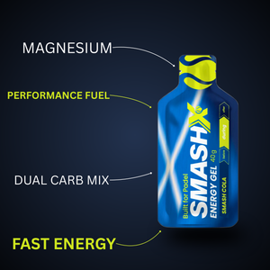 SmashX Energy Gel for padel with fast carbohydrates, sustained energy release, electrolyte support, and easy digestion during play