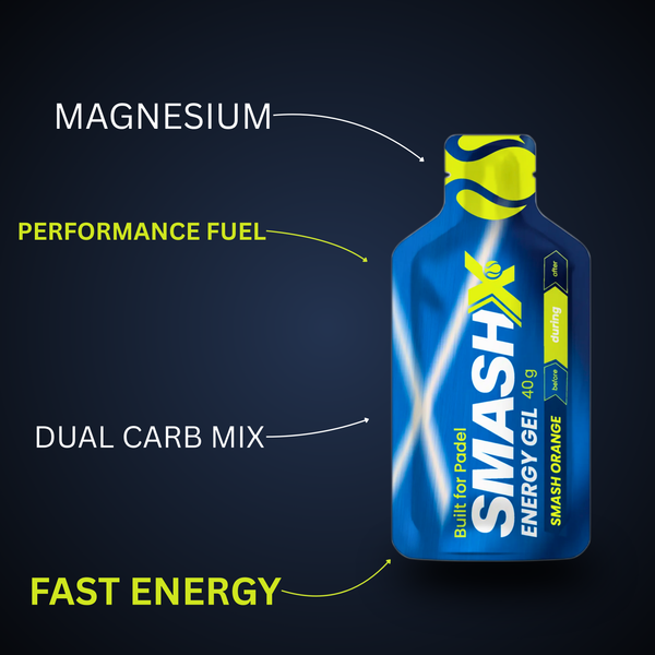 SmashX Energy Gel for padel with fast carbohydrates, sustained energy release, electrolyte support, and easy digestion during play