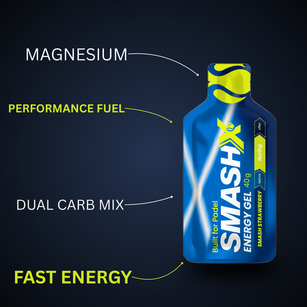 SmashX Energy Gel for padel with fast carbohydrates, sustained energy release, electrolyte support, and easy digestion during play